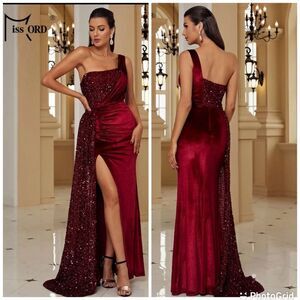 Sexy Elegant velvet wine one shoulder draped Front split long Wedding dress
